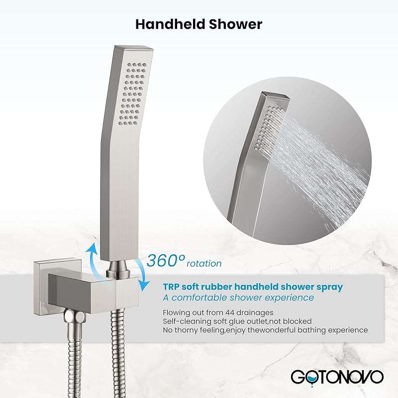 gotonovo Rainfall Tub Shower Faucet Set Bathroom Shower System with Tub Spout Wall Mount Square High Pressure Shower Fixtures with Handheld Sprayer Rough-In Valve 10'' Shower Head,Brushed Nickel - Image 8