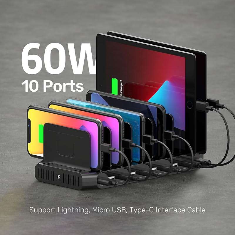 Unitek USB Charging Station, 10 USB Fast Ports Charge Docking Station and Adjustable Dividers, Multi Device Charger Organizer Compatible with iPad, iPhone, Tablet and Cell Phone - Image 2