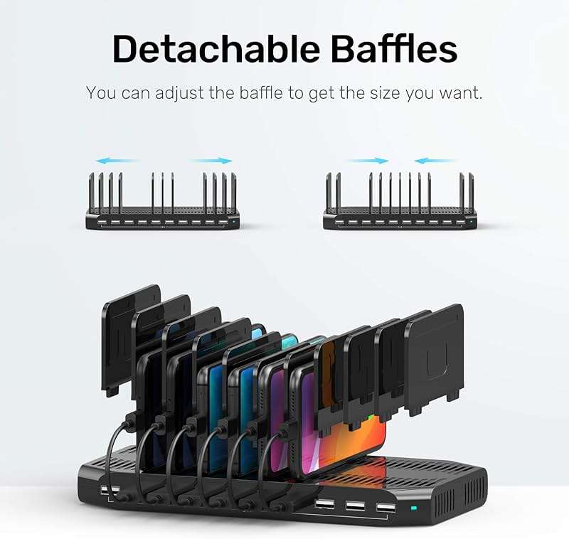 Unitek USB Charging Station, 10 USB Fast Ports Charge Docking Station and Adjustable Dividers, Multi Device Charger Organizer Compatible with iPad, iPhone, Tablet and Cell Phone - Image 6