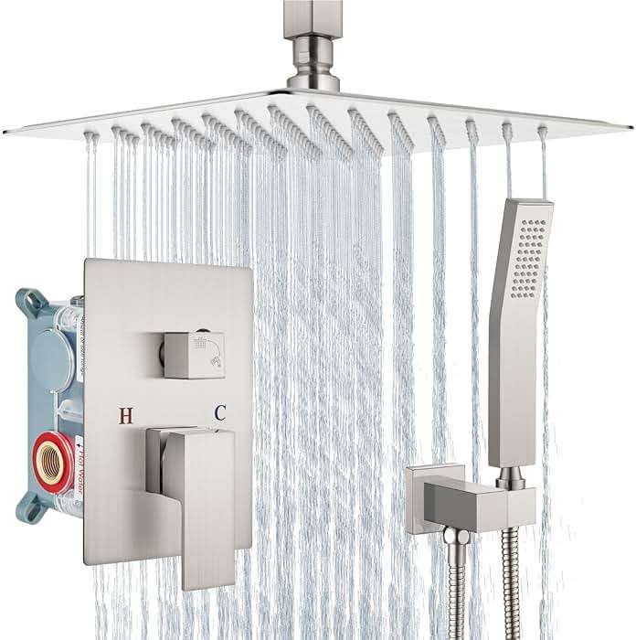 Aolemi Ceiling Mount Shower System Rain Shower Head with Handheld Spray High Pressure Shower Faucet Set Rough-in Valve Shower Trim Kit Included Bathroom Brushed Nickel 12 Inch Ceiling Shower Head - Image 1