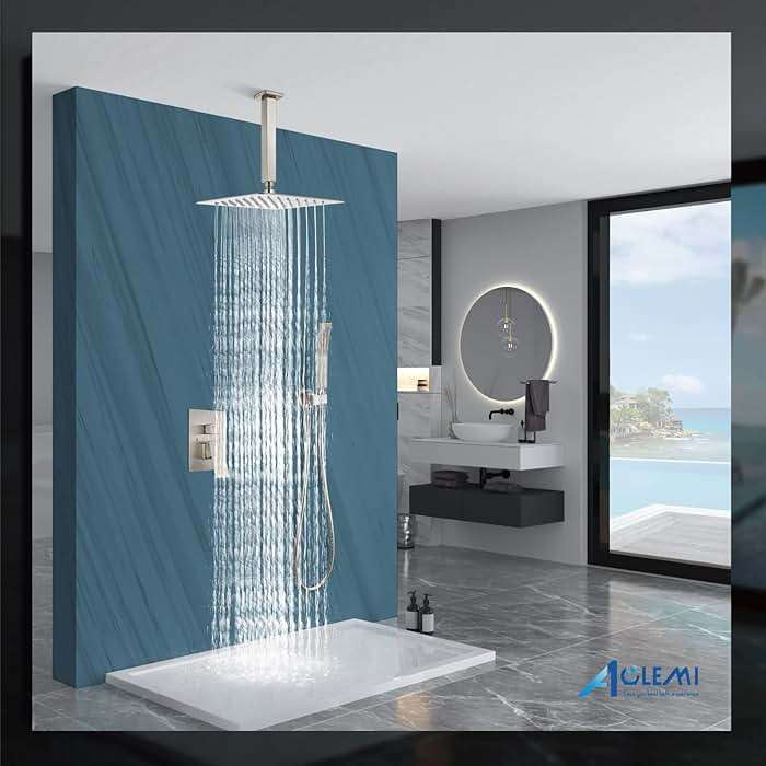 Aolemi Ceiling Mount Shower System Rain Shower Head with Handheld Spray High Pressure Shower Faucet Set Rough-in Valve Shower Trim Kit Included Bathroom Brushed Nickel 12 Inch Ceiling Shower Head - Image 2