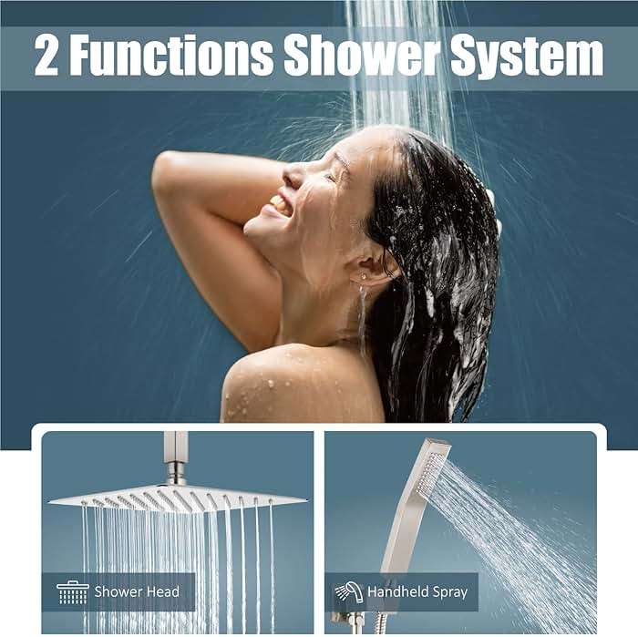 Aolemi Ceiling Mount Shower System Rain Shower Head with Handheld Spray High Pressure Shower Faucet Set Rough-in Valve Shower Trim Kit Included Bathroom Brushed Nickel 12 Inch Ceiling Shower Head - Image 3