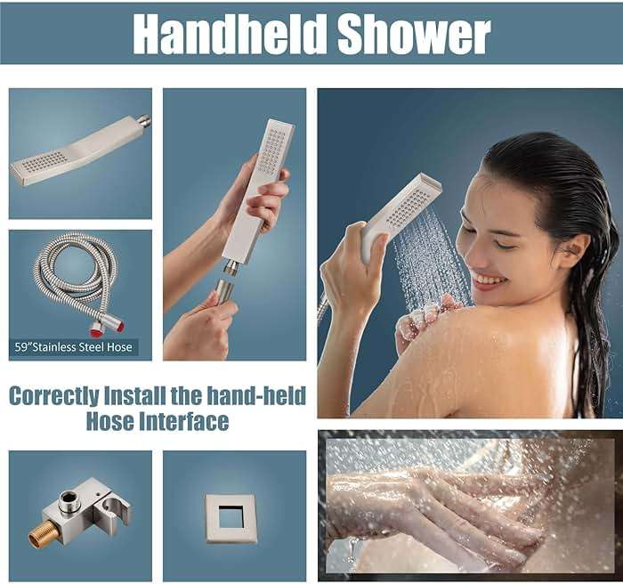 Aolemi Ceiling Mount Shower System Rain Shower Head with Handheld Spray High Pressure Shower Faucet Set Rough-in Valve Shower Trim Kit Included Bathroom Brushed Nickel 12 Inch Ceiling Shower Head - Image 5