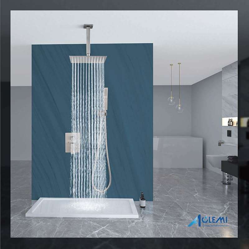 Aolemi Ceiling Mount Shower System Rain Shower Head with Handheld Spray High Pressure Shower Faucet Set Rough-in Valve Shower Trim Kit Included Bathroom Brushed Nickel 12 Inch Ceiling Shower Head - Image 8