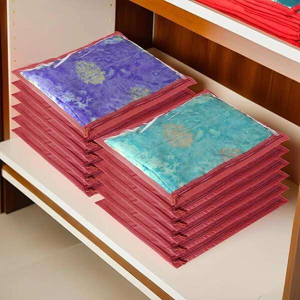 Kuber Industries Clothes Organizer For Wardrobe (Pack of 12) - Single Storage Organizer For Saree | Salwar Suit | Lehenga Chunni - Dress Organizer For Wardrobe - Single Saree Covers With Zip (Maroon) - Image 3