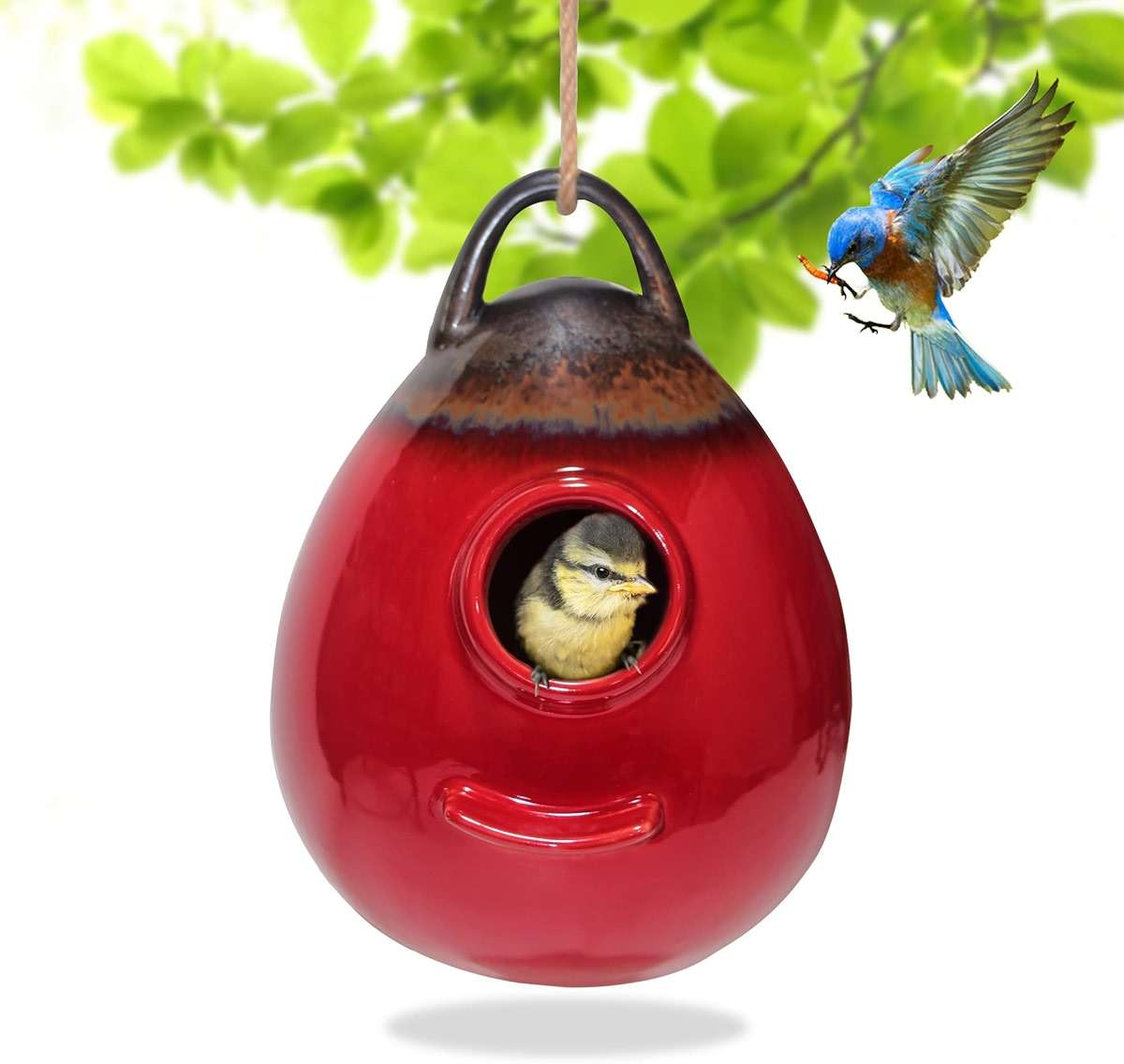 Kimdio Birdhouse Ceramic Hanging Birdhouses Bird Hut Hanging Outdoor Birdhouse for Wild Birds, Finch, Cardinal, and Bluebird - Red - Image 1