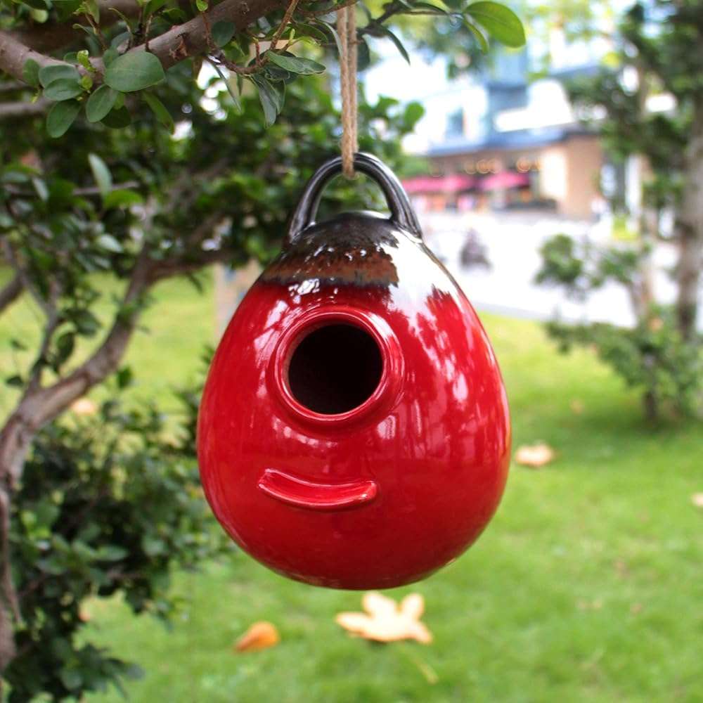 Kimdio Birdhouse Ceramic Hanging Birdhouses Bird Hut Hanging Outdoor Birdhouse for Wild Birds, Finch, Cardinal, and Bluebird - Red - Image 2