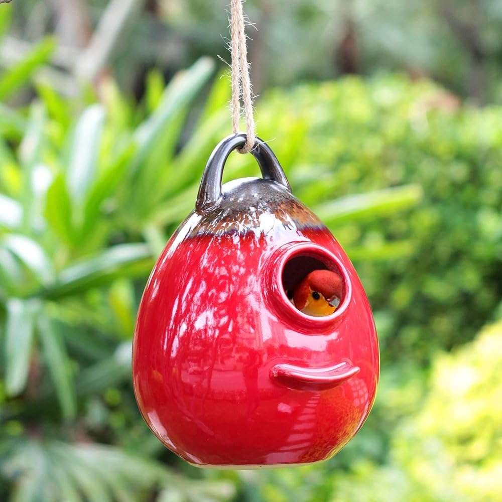 Kimdio Birdhouse Ceramic Hanging Birdhouses Bird Hut Hanging Outdoor Birdhouse for Wild Birds, Finch, Cardinal, and Bluebird - Red - Image 3