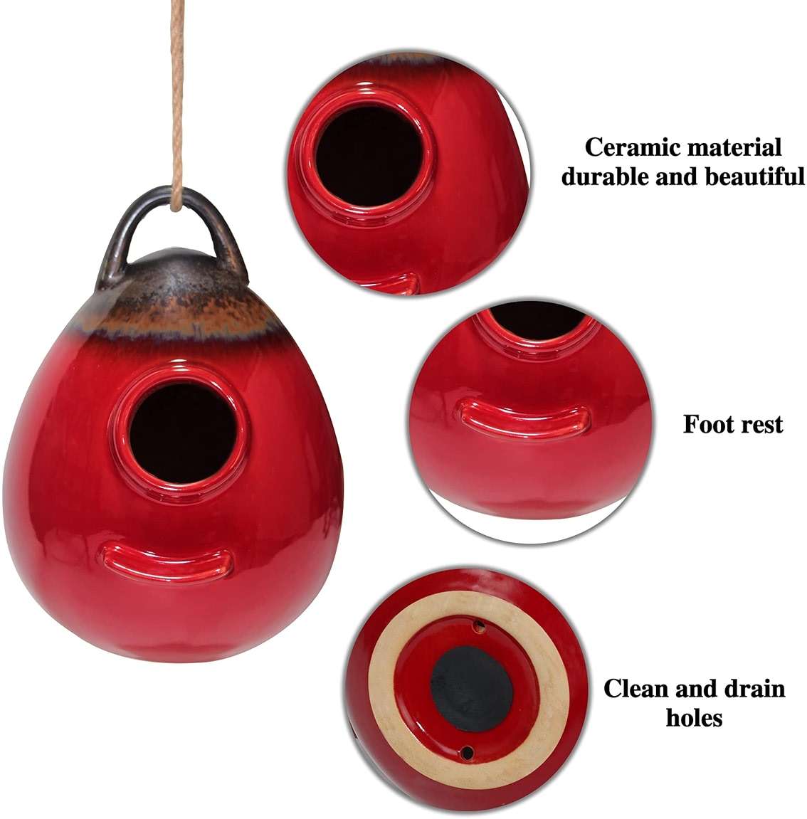 Kimdio Birdhouse Ceramic Hanging Birdhouses Bird Hut Hanging Outdoor Birdhouse for Wild Birds, Finch, Cardinal, and Bluebird - Red - Image 4