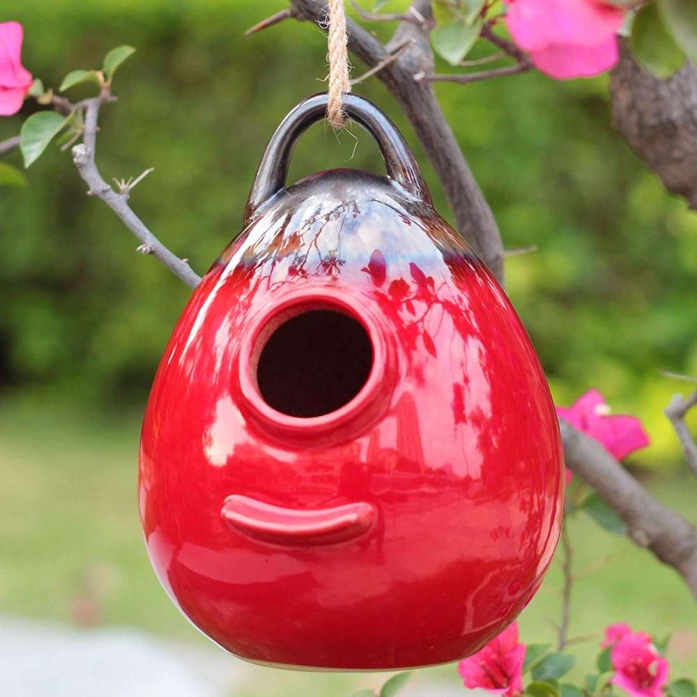 Kimdio Birdhouse Ceramic Hanging Birdhouses Bird Hut Hanging Outdoor Birdhouse for Wild Birds, Finch, Cardinal, and Bluebird - Red - Image 5