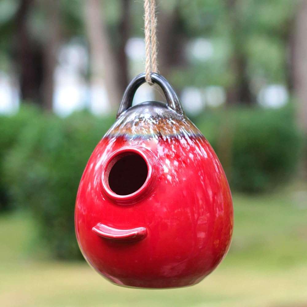 Kimdio Birdhouse Ceramic Hanging Birdhouses Bird Hut Hanging Outdoor Birdhouse for Wild Birds, Finch, Cardinal, and Bluebird - Red - Image 7