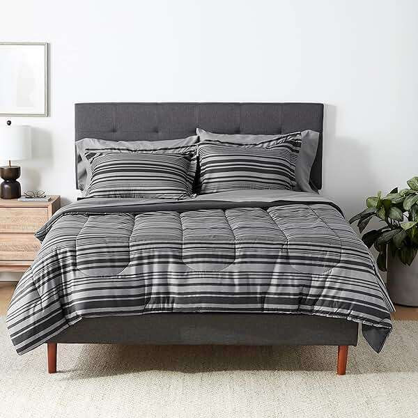 Amazon Basics Full/Queen Comforter Set with Sheets, 7-Piece Gray Calvin Stripe Bedding, Lightweight Microfiber Bed-in-a-Bag, Striped - Image 1