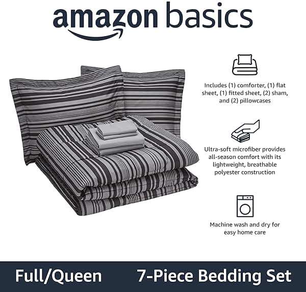 Amazon Basics Full/Queen Comforter Set with Sheets, 7-Piece Gray Calvin Stripe Bedding, Lightweight Microfiber Bed-in-a-Bag, Striped - Image 2