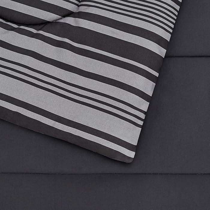 Amazon Basics Full/Queen Comforter Set with Sheets, 7-Piece Gray Calvin Stripe Bedding, Lightweight Microfiber Bed-in-a-Bag, Striped - Image 4