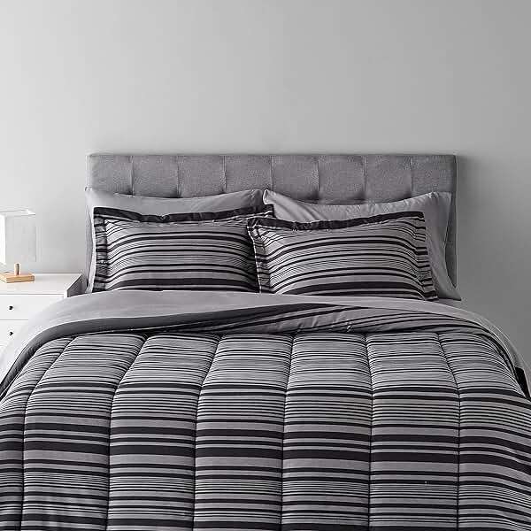 Amazon Basics Full/Queen Comforter Set with Sheets, 7-Piece Gray Calvin Stripe Bedding, Lightweight Microfiber Bed-in-a-Bag, Striped - Image 7