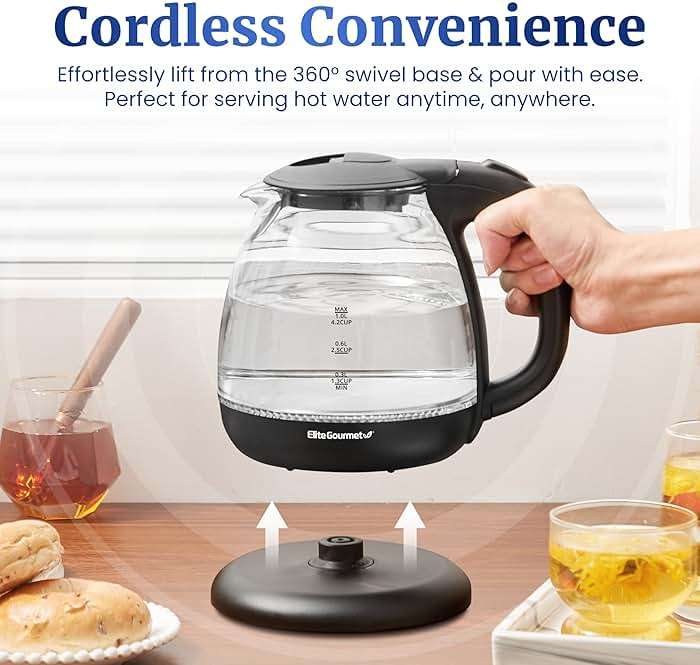 Elite Gourmet EKT1001 Electric 1.0L BPA-Free 1100W Glass Kettle Cordless 360° Base, Stylish Blue LED Interior, Handy Auto Shut-Off Function – Quickly Boil Water For Tea & More, Black - Image 3