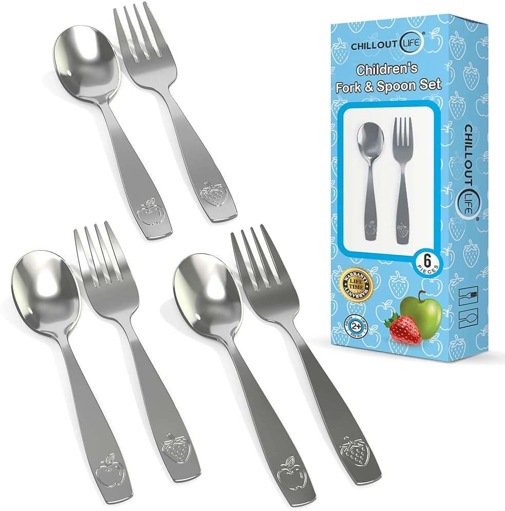 CHILLOUT LIFE Stainless Steel Kids Silverware Set 6 Pieces - Child and Toddler Safe Flatware - Kids Utensil Set - Metal Kids Cutlery Set (Includes 3 Small Kids Spoons & Kids 3 Forks) - Image 1