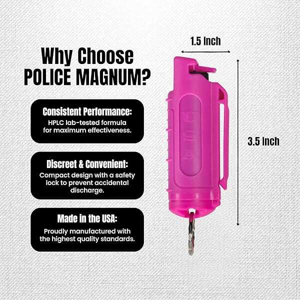 Police Magnum Keychain Pepper Spray Self Defense Belt Clip Holder - 3 Pack Tactical Maximum Strength OC with Dye - Small Safety Key Chains for Women & Men - Made in The USA - Image 5