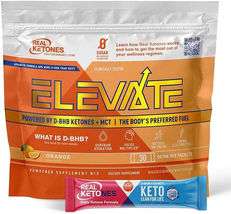 Real Ketones MCT & BHB Exogenous Ketones Drink Mix Packets Elevate Keto Electrolytes Powder Packets No Sugar with 4 Main Electrolytes Plus Hydrating Proprietary Keto BHB - 30 Pack Orange - Image 1
