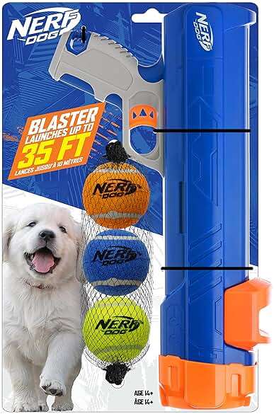 Nerf Dog 12in Blaster w/o Ball Clip 3 2in Squeak Tennis Balls - Opaque Blue/Orange/Gray and Orange and Blue and Green, Small - Image 1
