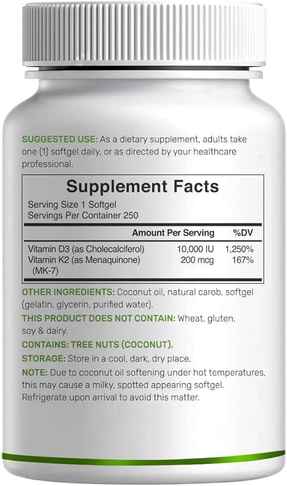 DEAL SUPPLEMENT Vitamin D3 10,000 IU + K2 MK7 200mcg Softgels, 250 Count | 2-in-1 Complex with Virgin Coconut Oil | Easy to Swallow - Image 8