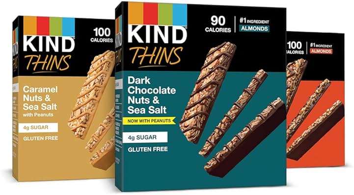 KIND Thins Snack Bars Variety Pack, Gluten Free, Low Calorie, Healthy Snacks, Dark Chocolate Nuts & Sea Salt, Caramel Almond & Sea Salt, Peanut Butter Dark Chocolate, 4g Sugar, 30 Count - Image 1