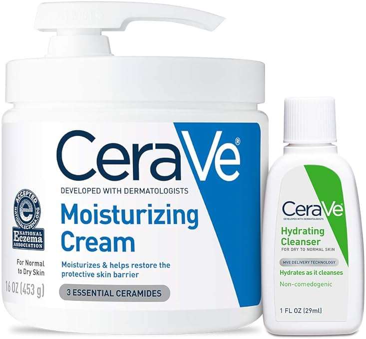 CeraVe Moisturizing Cream & Hydrating Facial Cleanser Skin Care Set, Combo Pack For Dry Skin Relief, Travel Essentials, 1oz Cleanser + 16oz Cream With Pump - Image 1