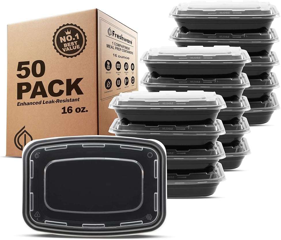 Freshware Meal Prep Containers [50 Pack] 1 Compartment Food Storage Containers with Lids, Bento Box, BPA Free, Stackable, Microwave/Dishwasher/Freezer Safe (16 oz) - Image 1