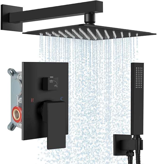 Matte Black Rain Shower System 10 Inch Square Rainfall Shower Head Wall Mount Shower Faucet Set with Hand Sprayer Pressure Balancing Rough-in Valve Trim Kit Bathroom Mixer Shower Combo Set - Image 1