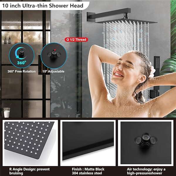 Matte Black Rain Shower System 10 Inch Square Rainfall Shower Head Wall Mount Shower Faucet Set with Hand Sprayer Pressure Balancing Rough-in Valve Trim Kit Bathroom Mixer Shower Combo Set - Image 3