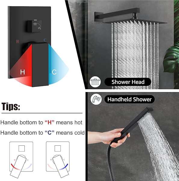 Matte Black Rain Shower System 10 Inch Square Rainfall Shower Head Wall Mount Shower Faucet Set with Hand Sprayer Pressure Balancing Rough-in Valve Trim Kit Bathroom Mixer Shower Combo Set - Image 4