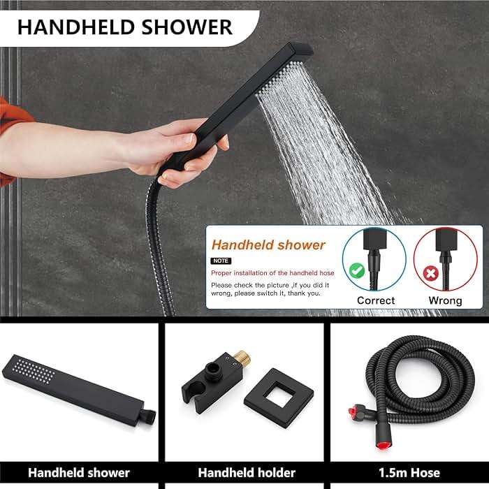 Matte Black Rain Shower System 10 Inch Square Rainfall Shower Head Wall Mount Shower Faucet Set with Hand Sprayer Pressure Balancing Rough-in Valve Trim Kit Bathroom Mixer Shower Combo Set - Image 5