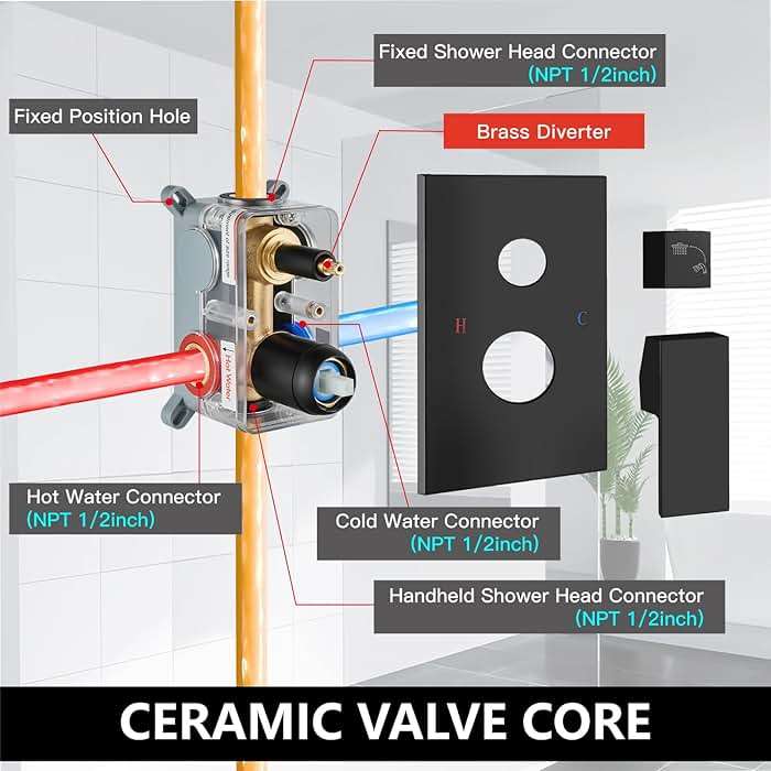 Matte Black Rain Shower System 10 Inch Square Rainfall Shower Head Wall Mount Shower Faucet Set with Hand Sprayer Pressure Balancing Rough-in Valve Trim Kit Bathroom Mixer Shower Combo Set - Image 7