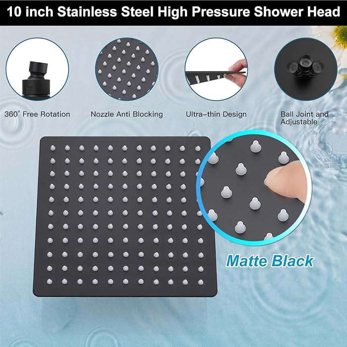 Matte Black Rain Shower System 10 Inch Square Rainfall Shower Head Wall Mount Shower Faucet Set with Hand Sprayer Pressure Balancing Rough-in Valve Trim Kit Bathroom Mixer Shower Combo Set - Image 8