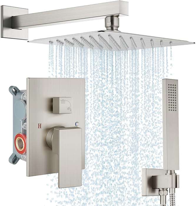 Midanya Shower Faucet Set,Wall Mount Shower System with Square Rain Shower Head and Hand Sprayer, Rough-in Valve Body and Trim Kit Included,10 Inch,Brushed Nickel - Image 1