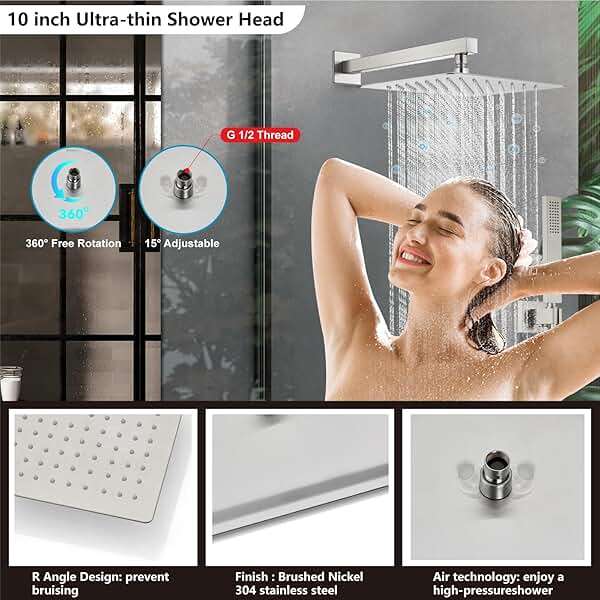 Midanya Shower Faucet Set,Wall Mount Shower System with Square Rain Shower Head and Hand Sprayer, Rough-in Valve Body and Trim Kit Included,10 Inch,Brushed Nickel - Image 3
