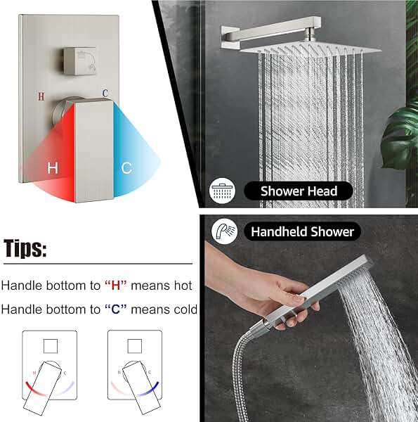 Midanya Shower Faucet Set,Wall Mount Shower System with Square Rain Shower Head and Hand Sprayer, Rough-in Valve Body and Trim Kit Included,10 Inch,Brushed Nickel - Image 4