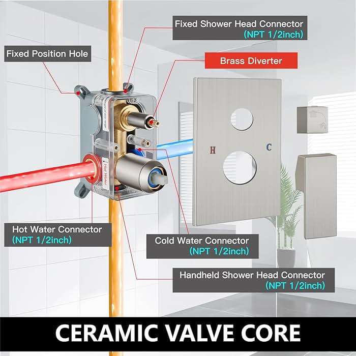 Midanya Shower Faucet Set,Wall Mount Shower System with Square Rain Shower Head and Hand Sprayer, Rough-in Valve Body and Trim Kit Included,10 Inch,Brushed Nickel - Image 7