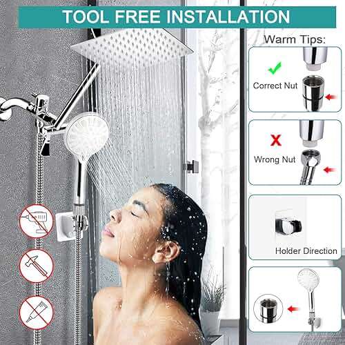 Shower Head, 12 Inch High Pressure Rainfall Shower Head/Handheld Shower Combo, 9 Settings Adjustable Anti-leak Shower Head, Detachable Dual Showerheads Built-in Magnetic Docking & Power Jets - Image 3