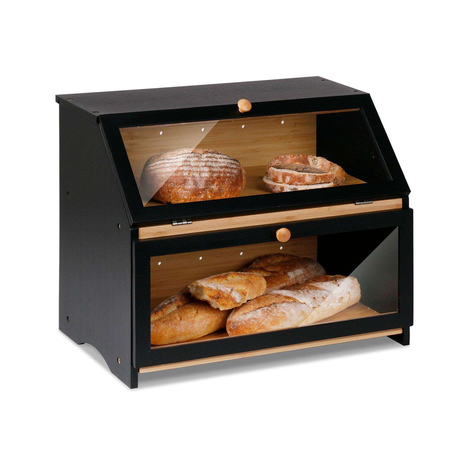 HOMEKOKO Double Layer Large Bread Box, Wooden Bread Storage Bin, Black | Large Capacity, For Kitchen Counter, See Through, Easy Assembly - Image 1