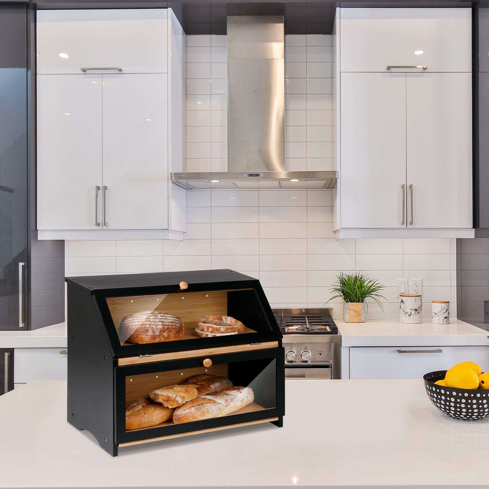 HOMEKOKO Double Layer Large Bread Box, Wooden Bread Storage Bin, Black | Large Capacity, For Kitchen Counter, See Through, Easy Assembly - Image 3