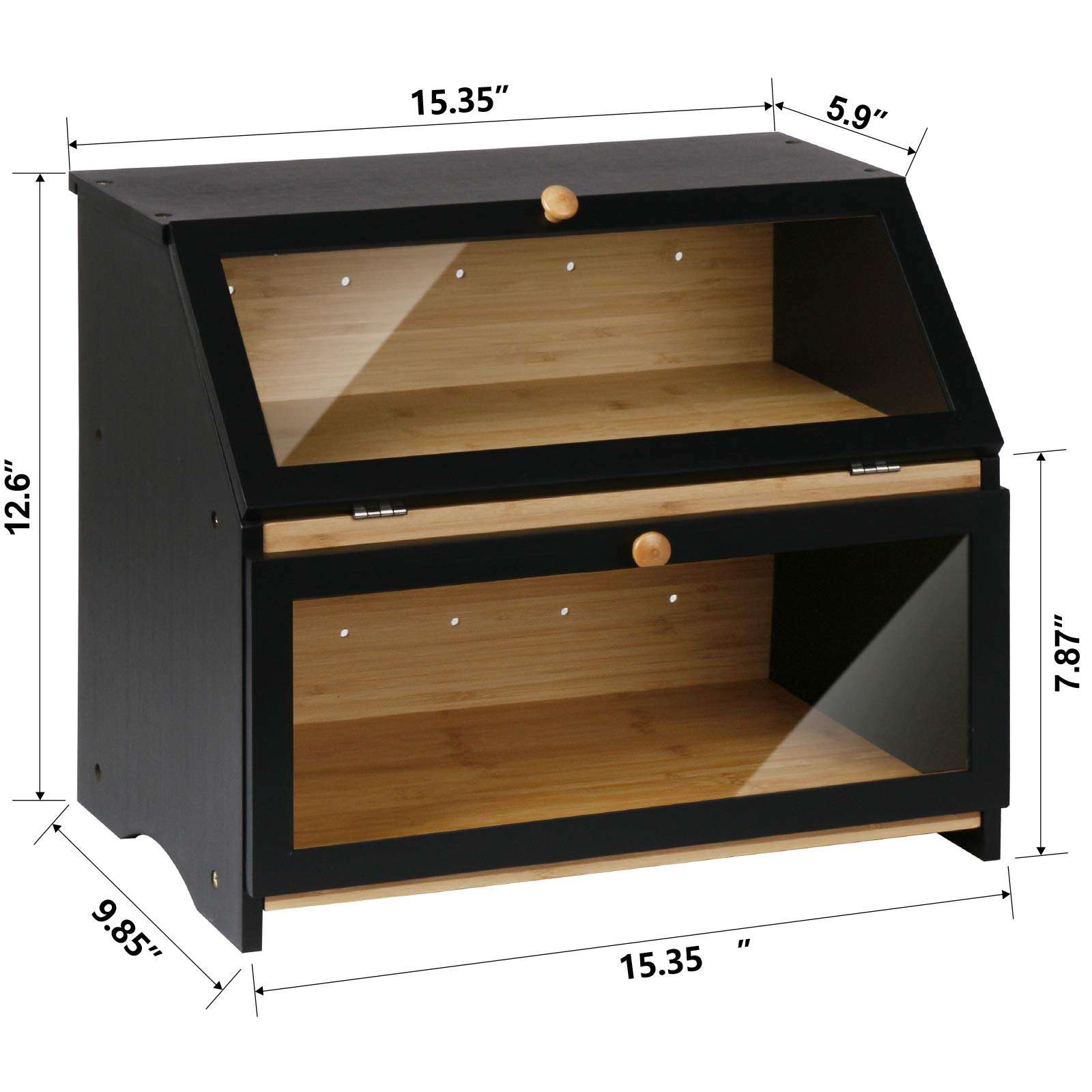 HOMEKOKO Double Layer Large Bread Box, Wooden Bread Storage Bin, Black | Large Capacity, For Kitchen Counter, See Through, Easy Assembly - Image 4