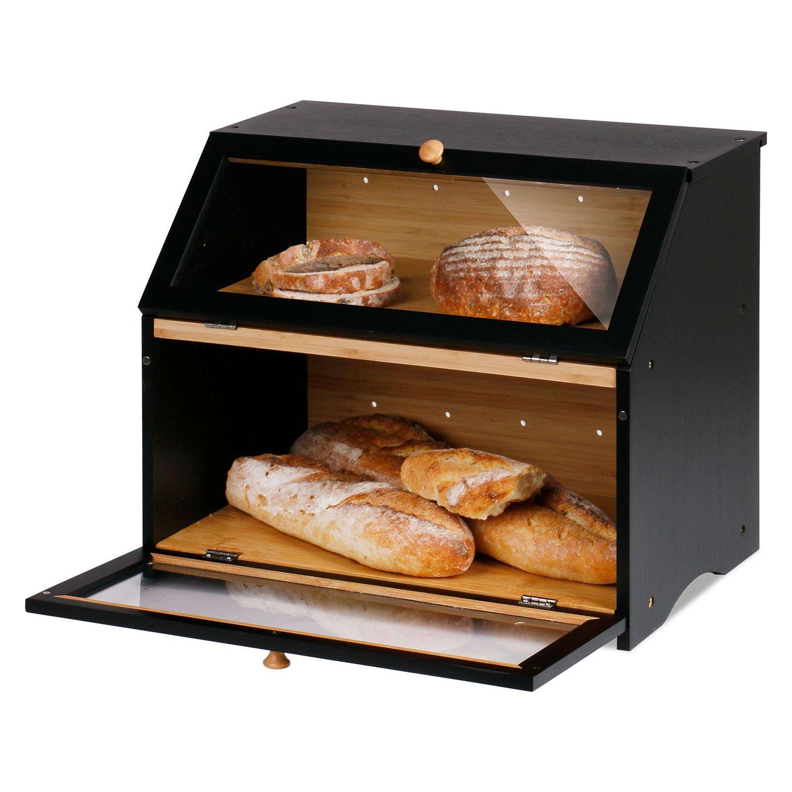 HOMEKOKO Double Layer Large Bread Box, Wooden Bread Storage Bin, Black | Large Capacity, For Kitchen Counter, See Through, Easy Assembly - Image 5