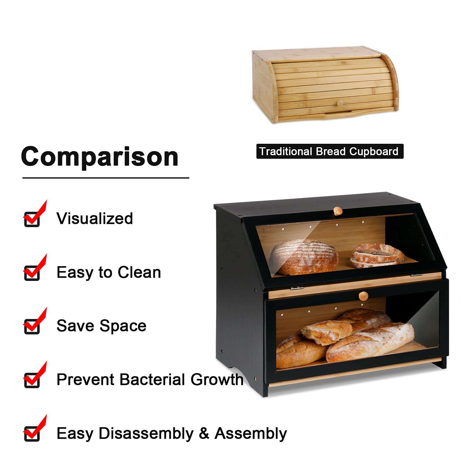 HOMEKOKO Double Layer Large Bread Box, Wooden Bread Storage Bin, Black | Large Capacity, For Kitchen Counter, See Through, Easy Assembly - Image 6