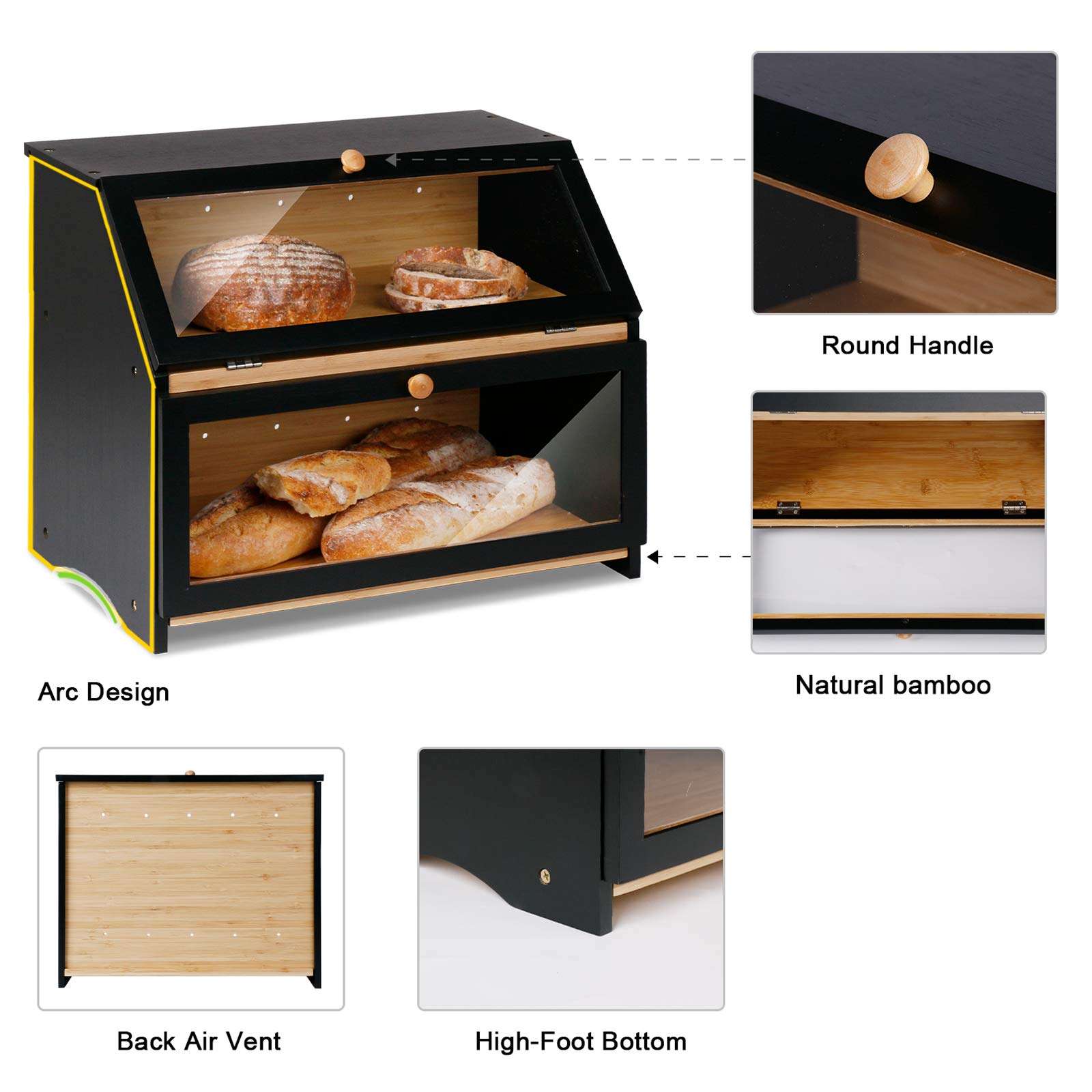 HOMEKOKO Double Layer Large Bread Box, Wooden Bread Storage Bin, Black | Large Capacity, For Kitchen Counter, See Through, Easy Assembly - Image 7