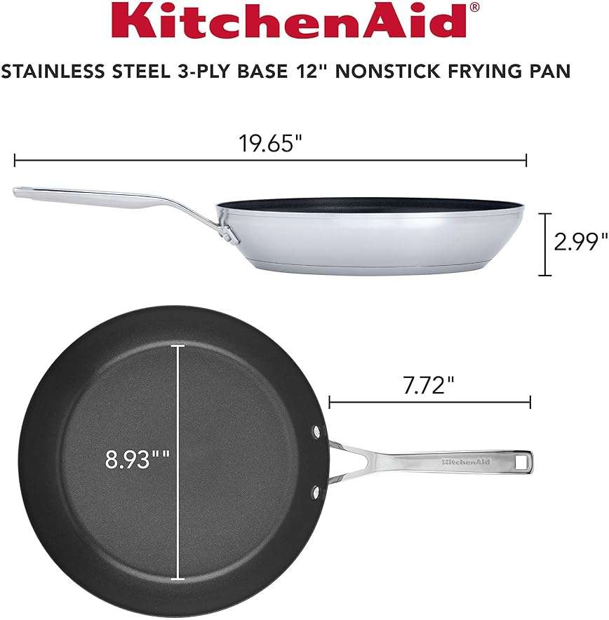 KitchenAid Stainless Steel 3-Ply Base Nonstick Induction Frying Pan, 12-Inch, Brushed Stainless Steel - Image 3