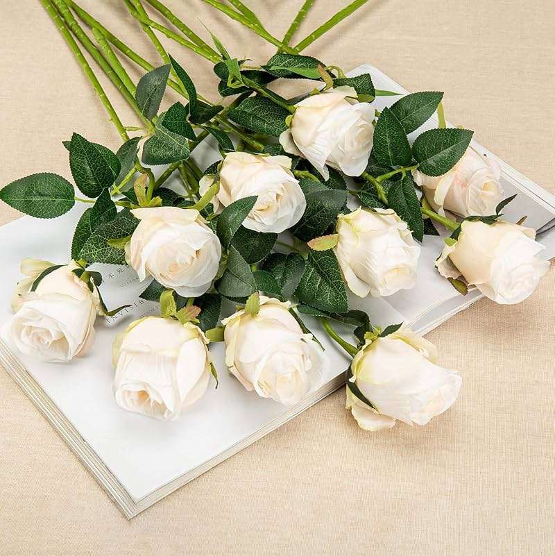 Flojery 10pcs Artificial Rose Flowers Long Stem Fake Silk Roses for DIY Wedding Bouquet Table Centerpiece Home Decor (White) - Image 2
