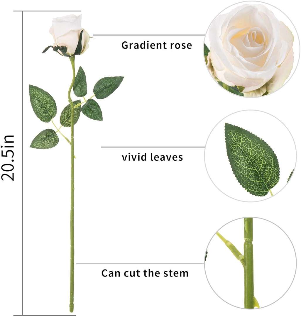 Flojery 10pcs Artificial Rose Flowers Long Stem Fake Silk Roses for DIY Wedding Bouquet Table Centerpiece Home Decor (White) - Image 3
