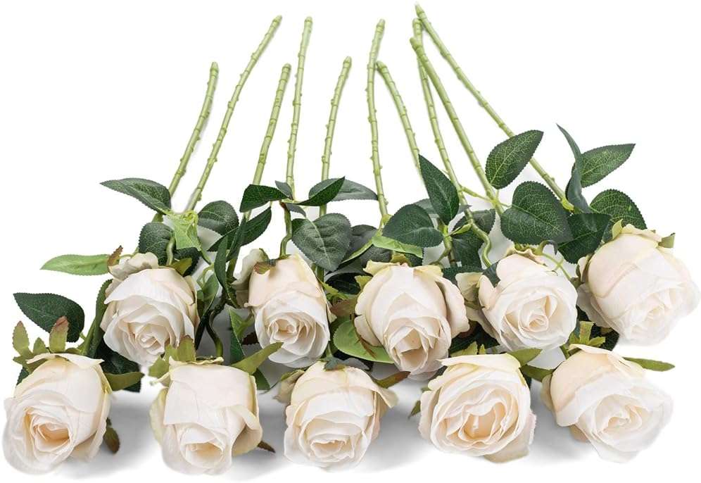 Flojery 10pcs Artificial Rose Flowers Long Stem Fake Silk Roses for DIY Wedding Bouquet Table Centerpiece Home Decor (White) - Image 4