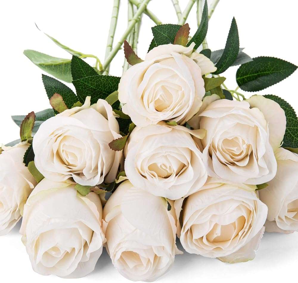 Flojery 10pcs Artificial Rose Flowers Long Stem Fake Silk Roses for DIY Wedding Bouquet Table Centerpiece Home Decor (White) - Image 5